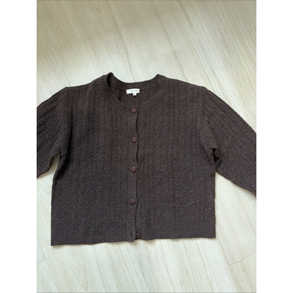 No Comment Womens L Brown Knit Cardigan Sweater Button Front Cable Sleeve BOHO